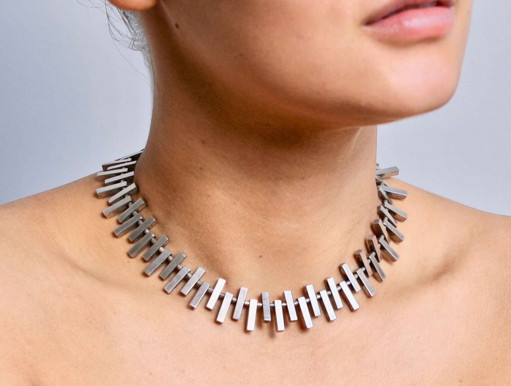 Rare Handmade Articulated necklace Designed by Bent Knudsen Denmark c.1960 Design no 62 signed Bent K screw fixing length 40cm weight 98 grams, Danish Jewellery Shop London, Danish Jewellery, Bent Knudsen Danish Silver, Scandinavian Jeweller